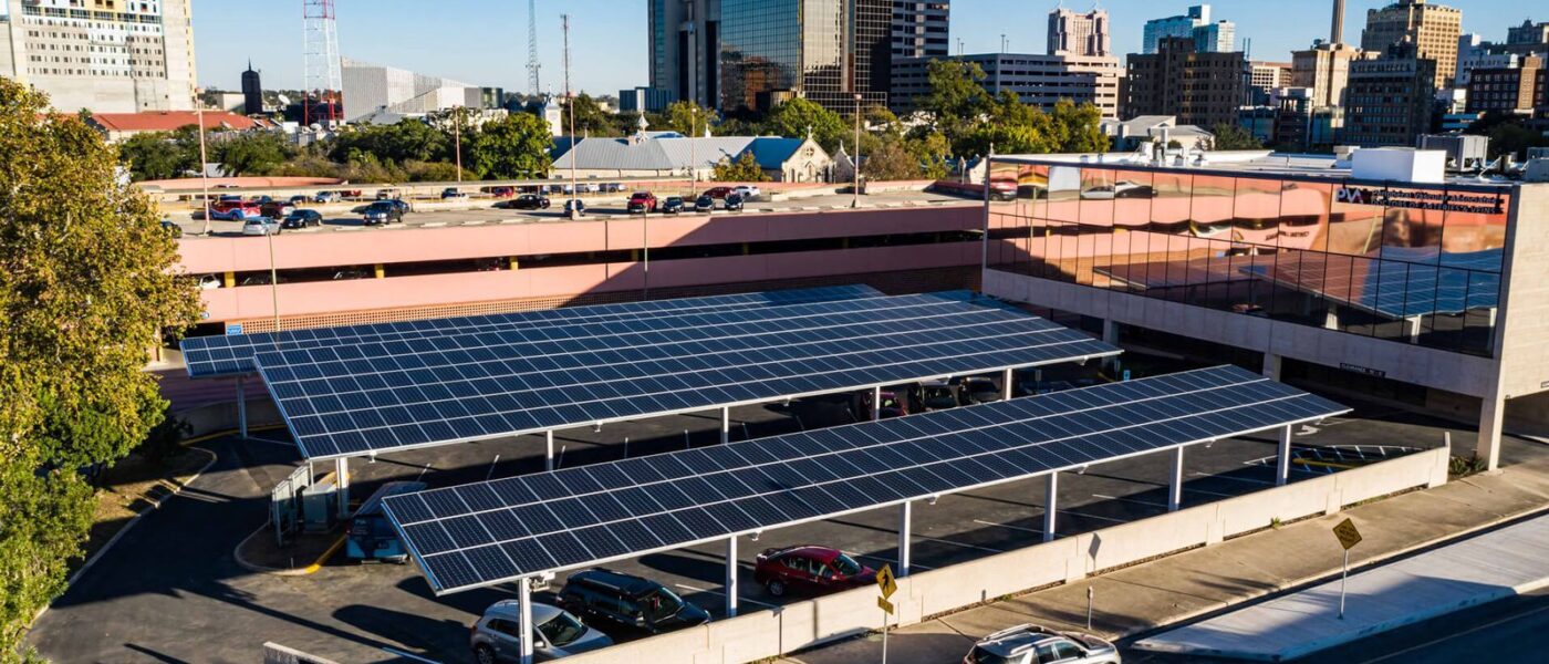 A solar array over a parking lot.