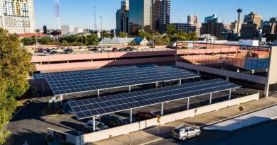 A solar array over a parking lot.