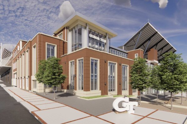 Georgia Tech Project Sustainably Repurposes Structural Steel Exterior rendering of Georgia Tech University, a brick building with rows of trees lining the building.
