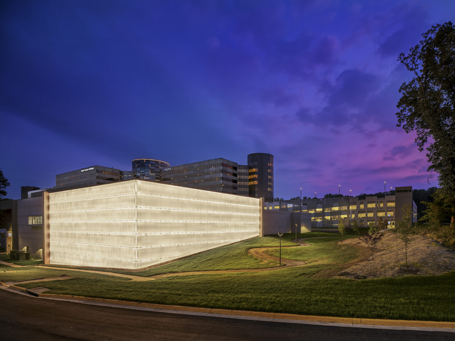 Exterior view of Inova Schar Cancer Institute at sunset