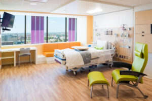Interior view of a colorful patient room at The Children’s Hospital of San Antonio