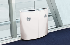 Designed by QDesign, SOTARE® is a modular family of curvilinear waste and recycling receptacles which includes a 34-gallon half-elliptical unit and 2 quarter-elliptical units.