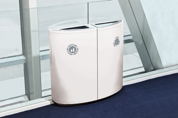 Designed by QDesign, SOTARE® is a modular family of curvilinear waste and recycling receptacles which includes a 34-gallon half-elliptical unit and 2 quarter-elliptical units.