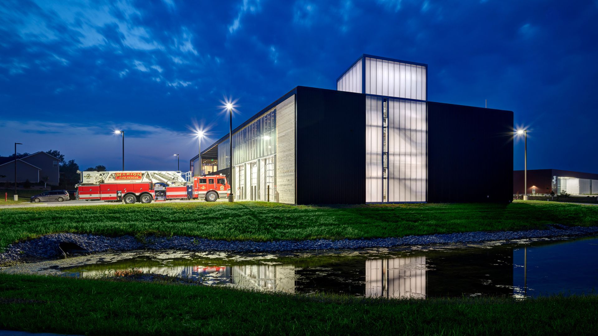 Marion Fire Station No. 1 in Marion, Iowa, demonstrates how biophilic principles can be applied within a demanding civic environment.